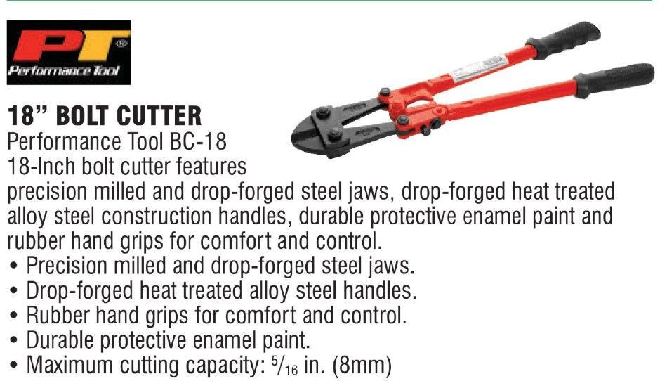Cortador de pernos performance tool de 18"
PRECIOS INCLUYEN I.S.V.